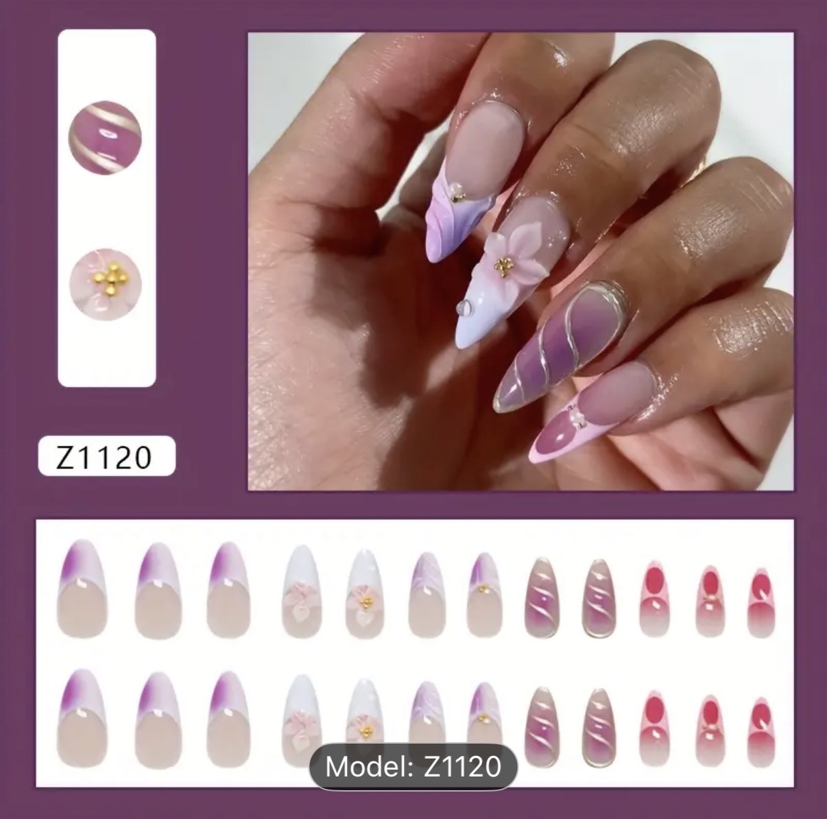 Beautiful Pink and White Floral Design Press-On Nails | 24 Piece DIY Nail Set