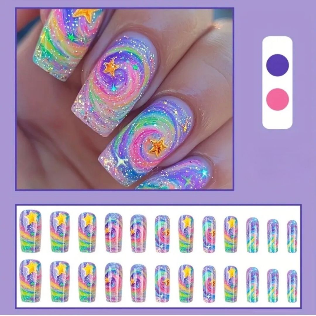 Pastel Colored Galaxy Swirl Press-On Nail | Medium Square 24 Piece Nail Set