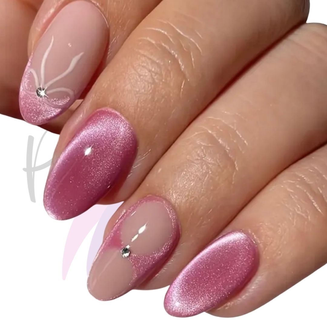 Elegant Pink Cat Eye Press-On Nails | 24 Piece Short Almond Nail Set