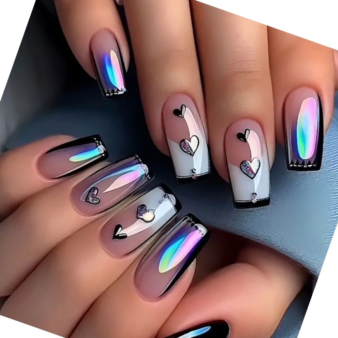 Holographic Heart Nail Art