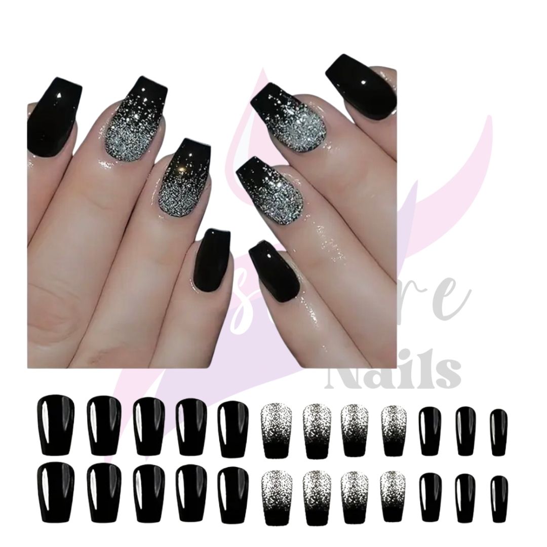 Black and Silver Glitter Press-On Nails | Short Coffin Shape 24 Piece Manicure Set