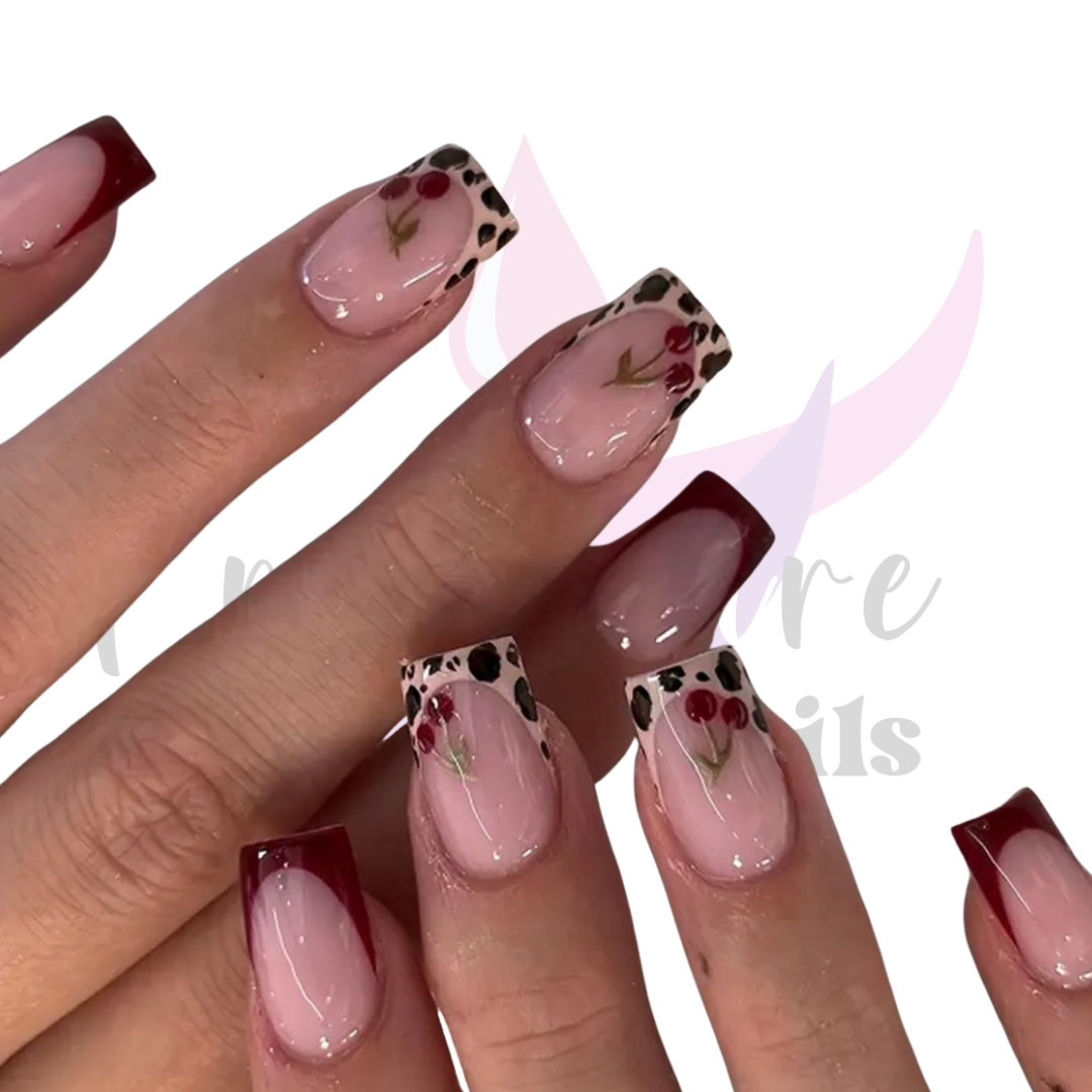 Cherry and Animal Print Acrylic Nails