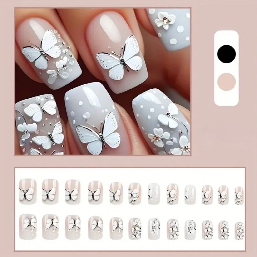 White Embossed Butterfly Decorated Press-On Nails | Short Squoval 24 Piece DIY Nail Set