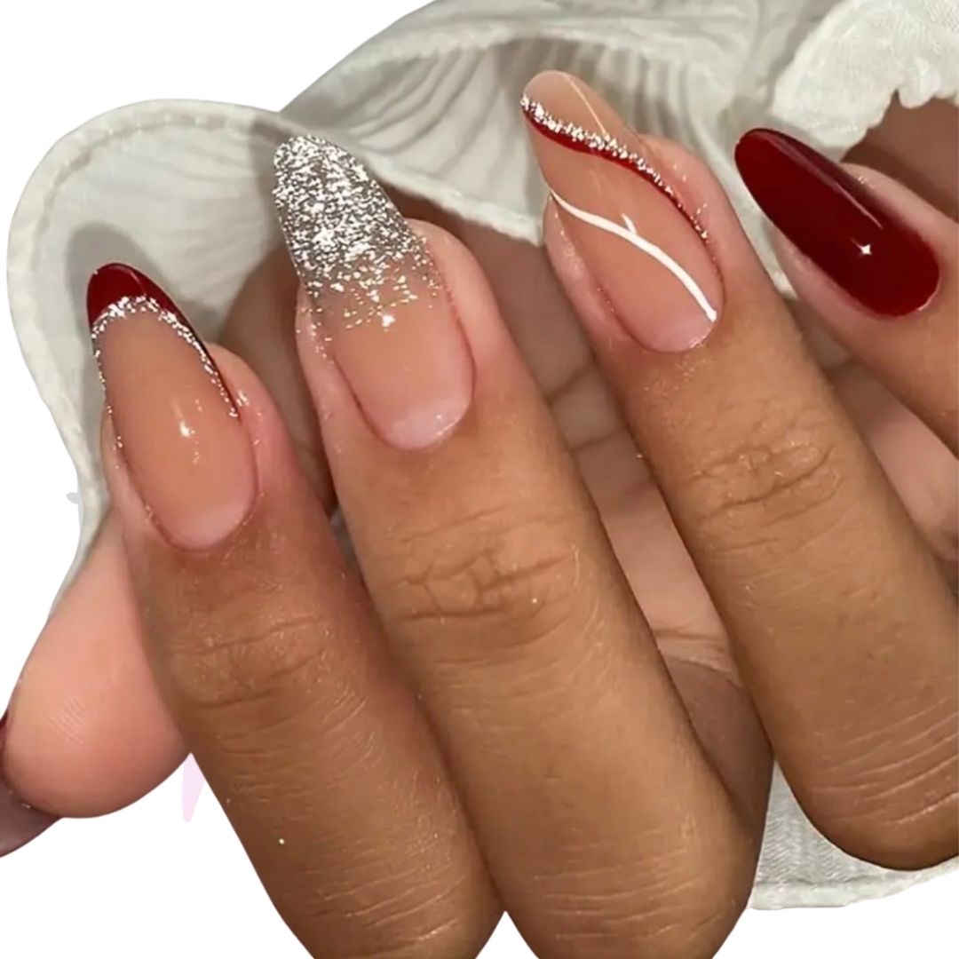 Elegant Red Glitter and Swirl Press On Nail Set | Oval Shaped 24 Piece Manicure