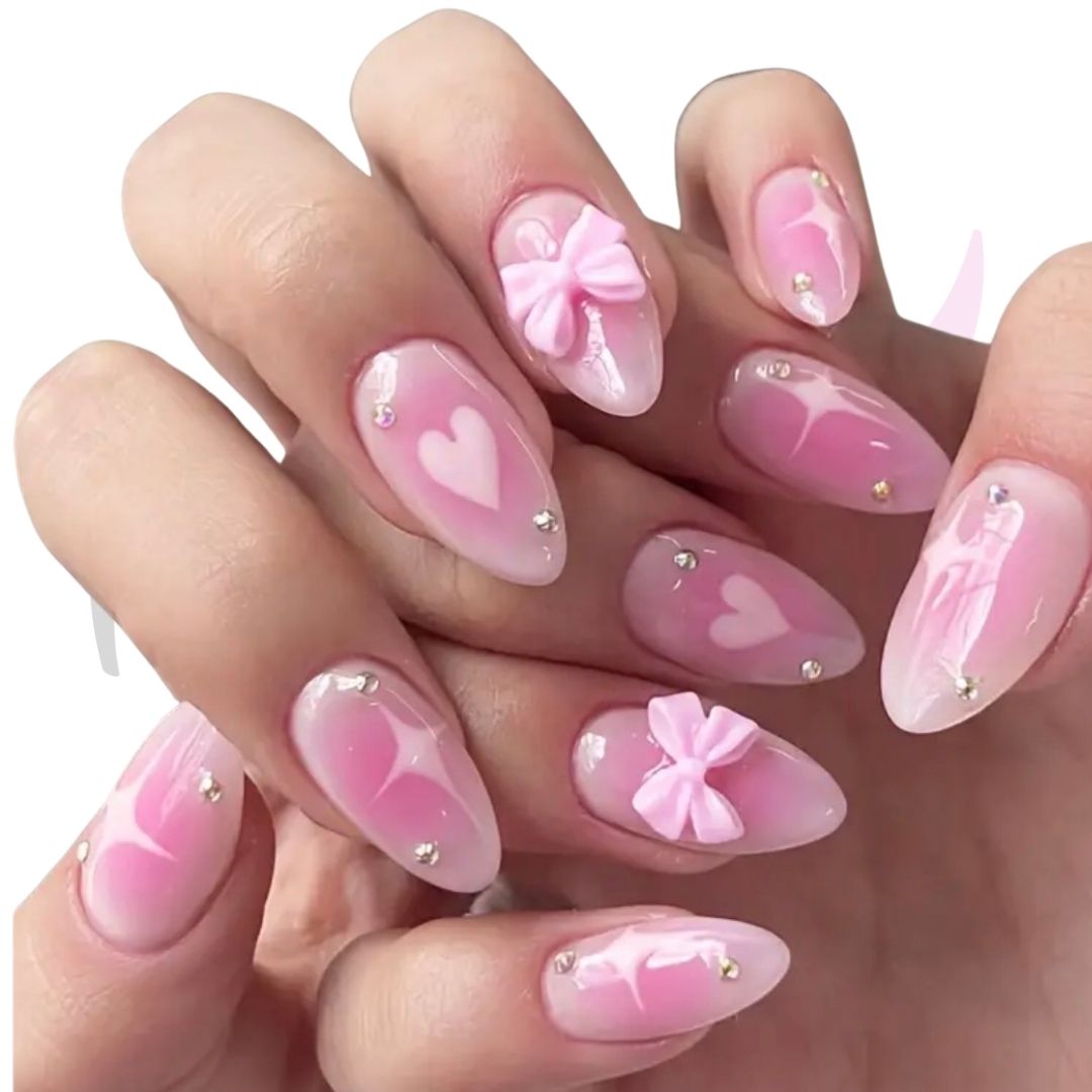 Pink Heart and Bow Press-On Nails | Almond Shaped 24 Piece Manicure Set