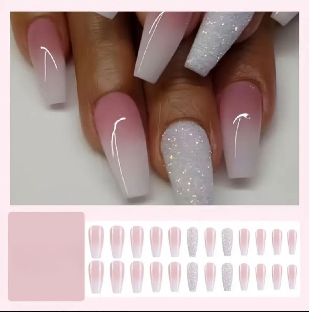 Pink Gradient and Glitter Press-On Nails | Medium Coffin 24 Piece DIY Nail Set