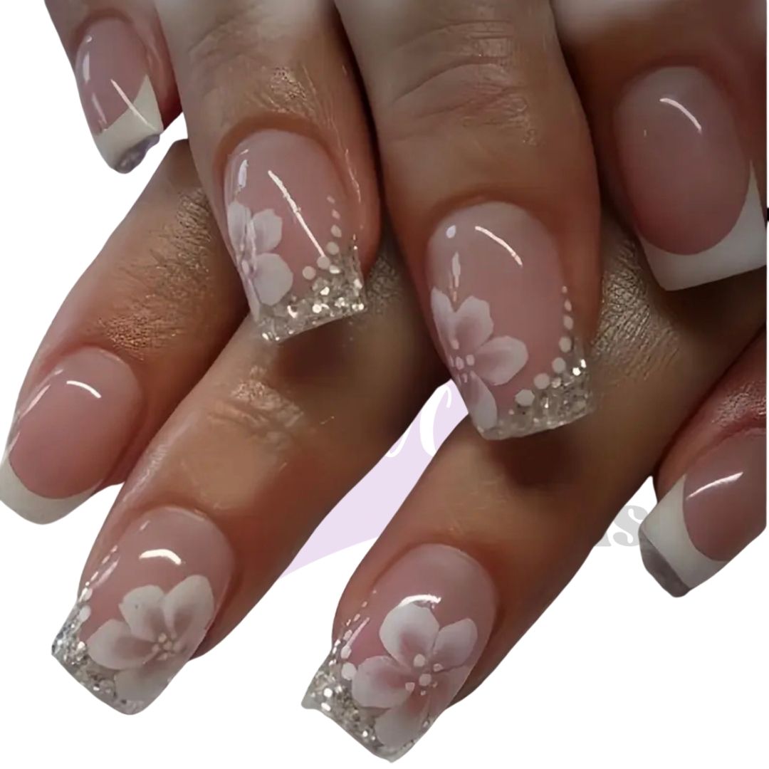 Elegant French Manicure with Floral Design