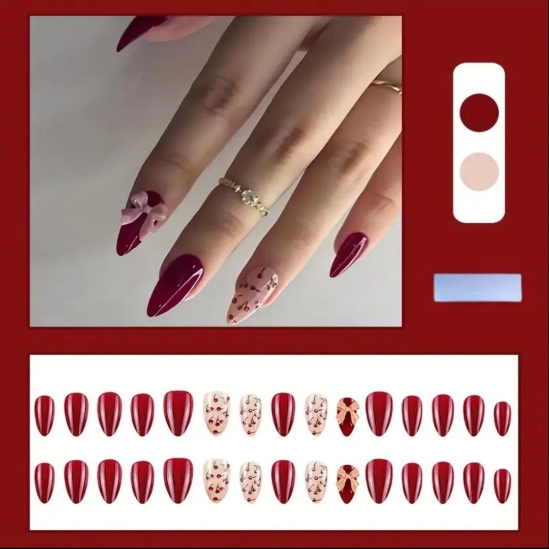 Red Cherries and Pink Bow Press-On Nails | 24 Piece Almond Shaped Nail Set