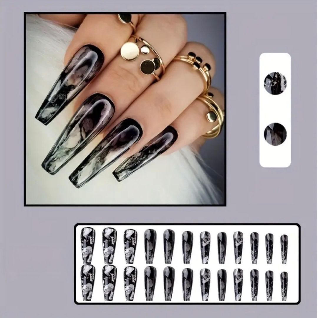 Black Marble Coffin Press-On Nails | 24 Piece DIY Manicure Set