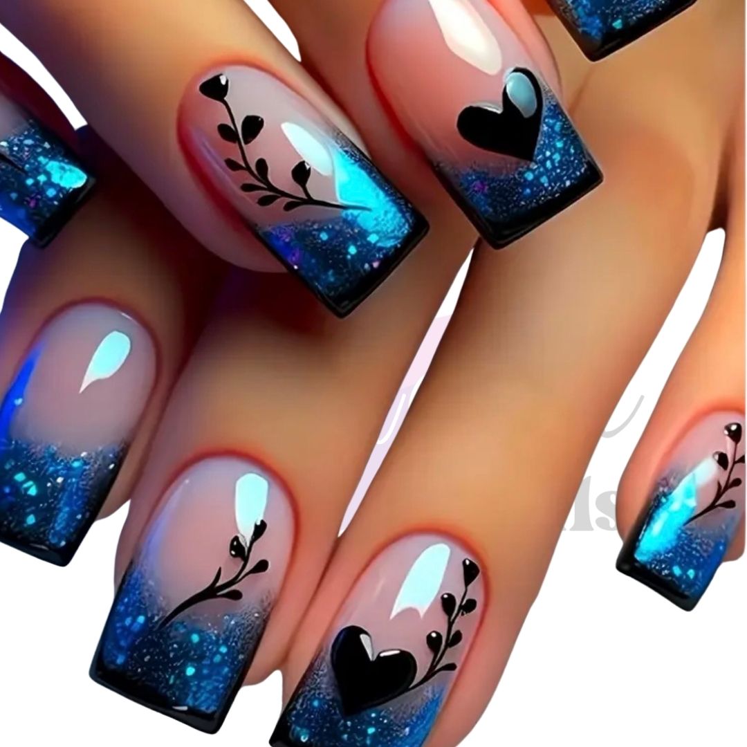 Blue Glitter and Heart Nail Set | 24 Piece Square Shaped Manicure Set