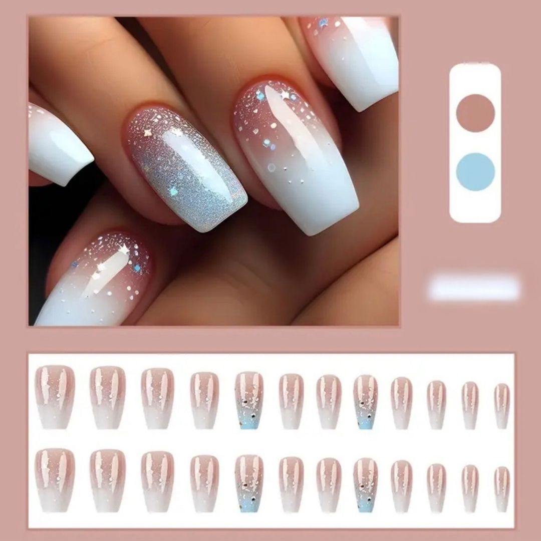 White and Glitter Ombre Glitter Press-On Nails | Medium Square White Tip 24 Piece Set