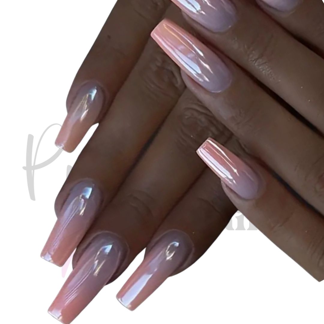 Long Pink Holographic Press On Nails | 24 Piece Coffin Manicure Set