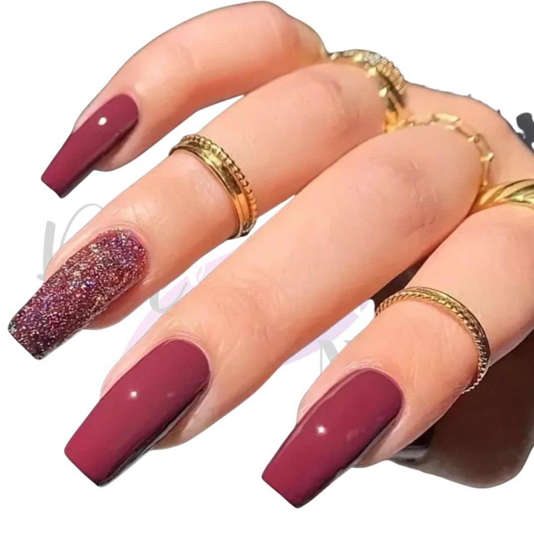 Burgundy Glitter Press-On Nails | Square 24 Piece Manicure Set