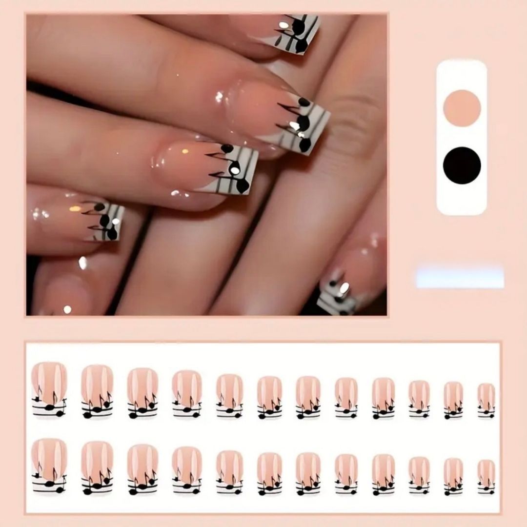 Black and White Music Note Patterned Press-On Nails | Short Square 24 Piece DIY Nail Set