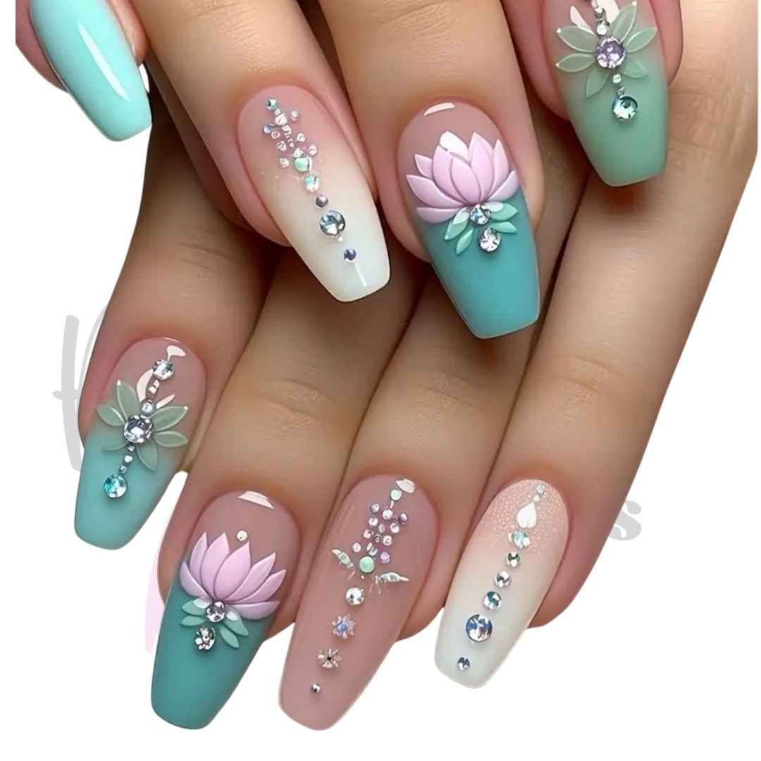 3D Floral Lotus Press-On Nail Set | Pink and Aqua Blue Almond Shaped 24 Piece Manicure Set