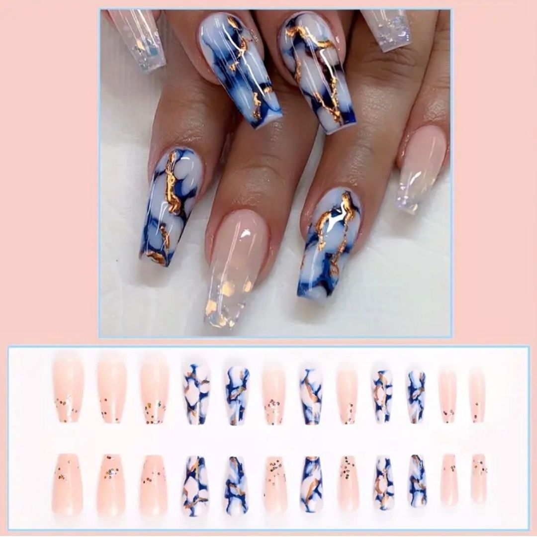 Luxury Marble Pattern Press-On Nails | Blue and Pink 24 Piece Coffin Nail Set