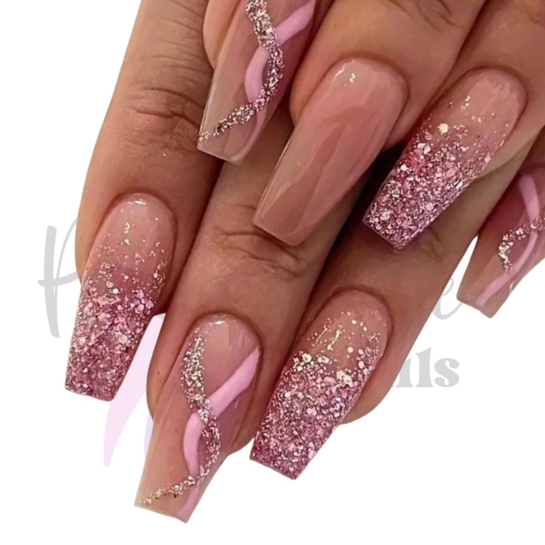 Pink Glitter and Swirls Ombre Coffin Nails | 24 Piece DIY Press-On Nail Set