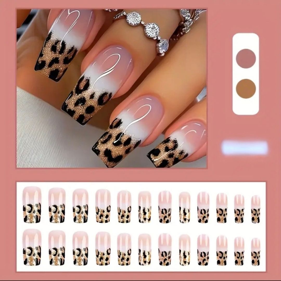 White and Leopard Print Tipped Press-On Nails | Medium Squoval 24 Piece Nail Set