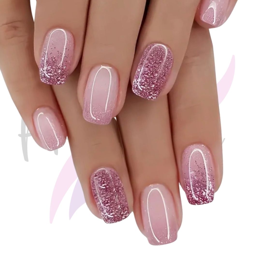 Pink Glitter Ombre Press-On Nails | Short Squoval 24 Piece Nail Set