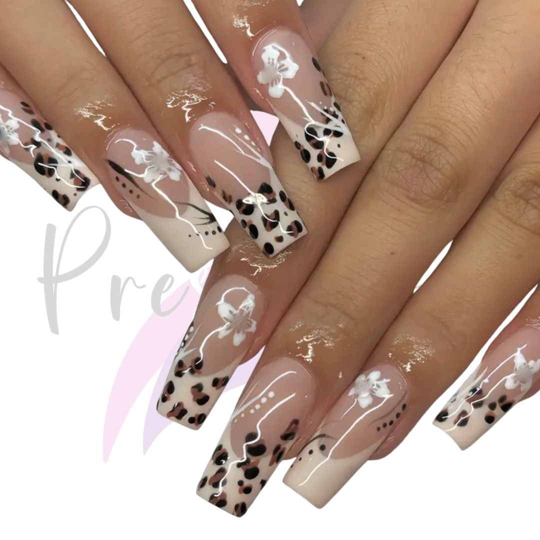 Leopard Print Floral Acrylic Nails