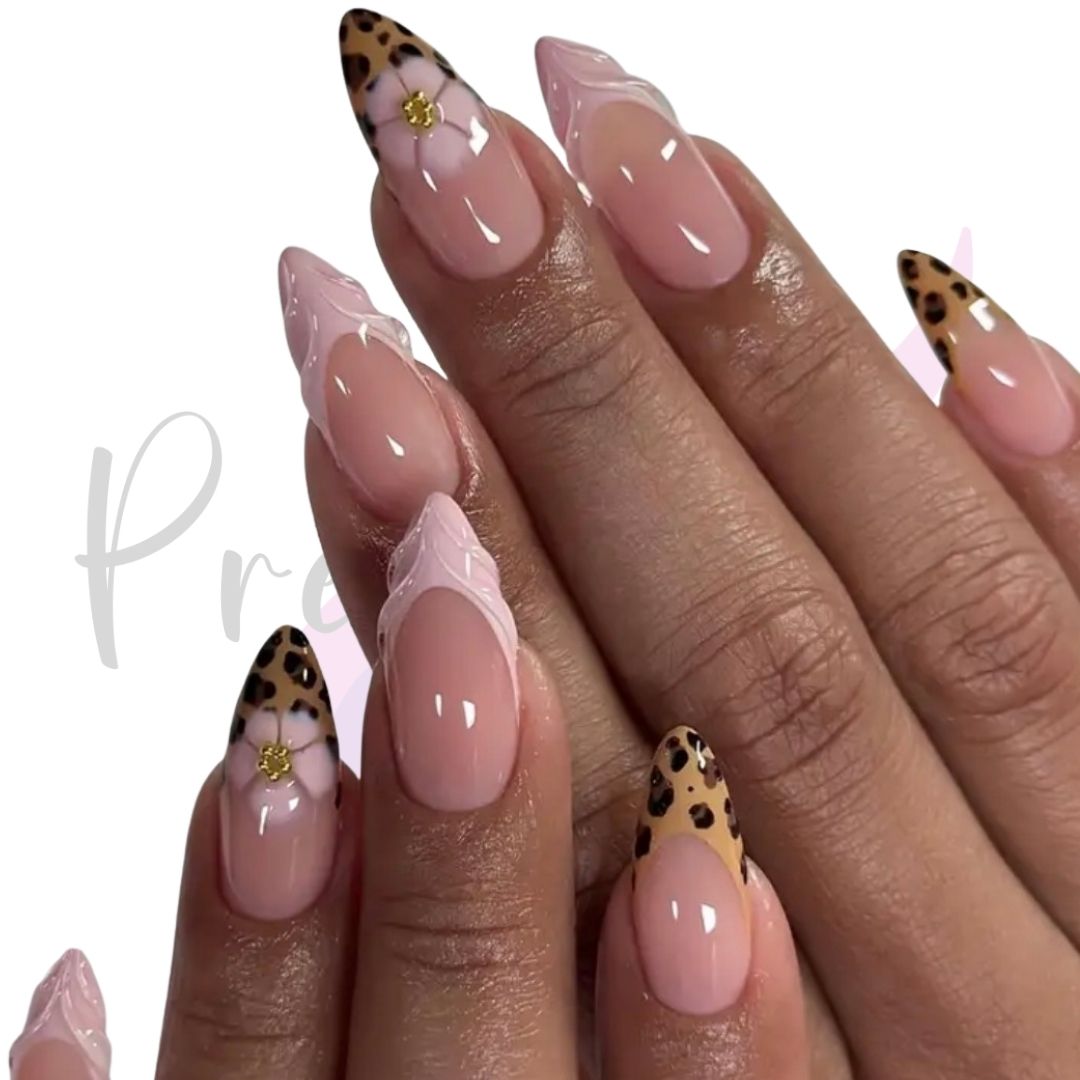 Leopard Print and Pink Rivet Tips Press-On Nails | Short Stiletto 24 Piece Nail Set