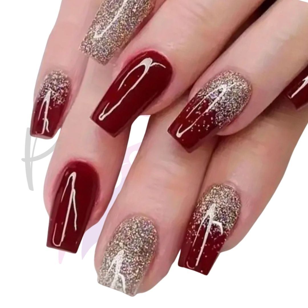 Red and Glitter Press-On Nails | Long Square 24 Piece Nail Set