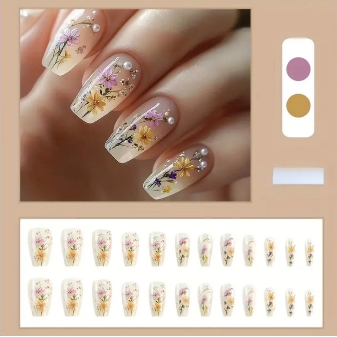 Yelllow and Purple Floral Nail Art Press-On Nails | Medium Squoval 24 Piece Nail Set 
