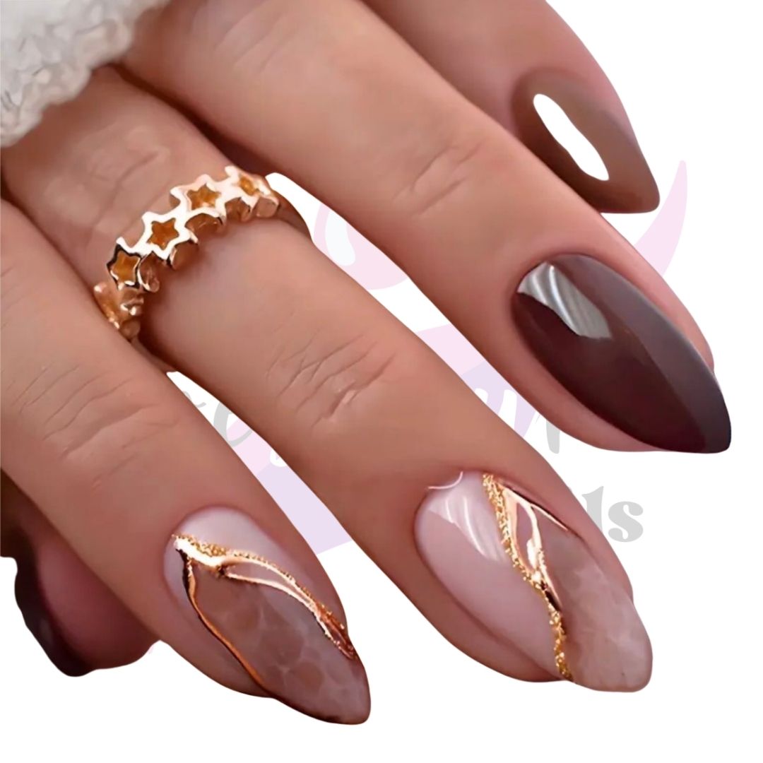 Elegant Gold and Maroon Press On Nails | Almond Shaped 24 Piece Nail Set