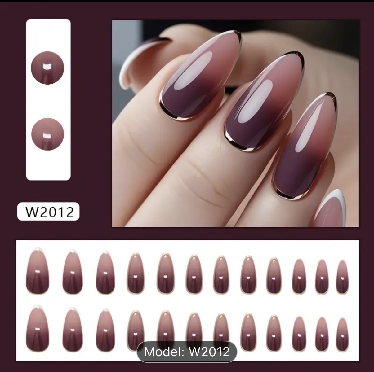 Maroon Gradient and Gold Trim Press-On Nails | 24 Piece Medium Oval DIY Nail Set 