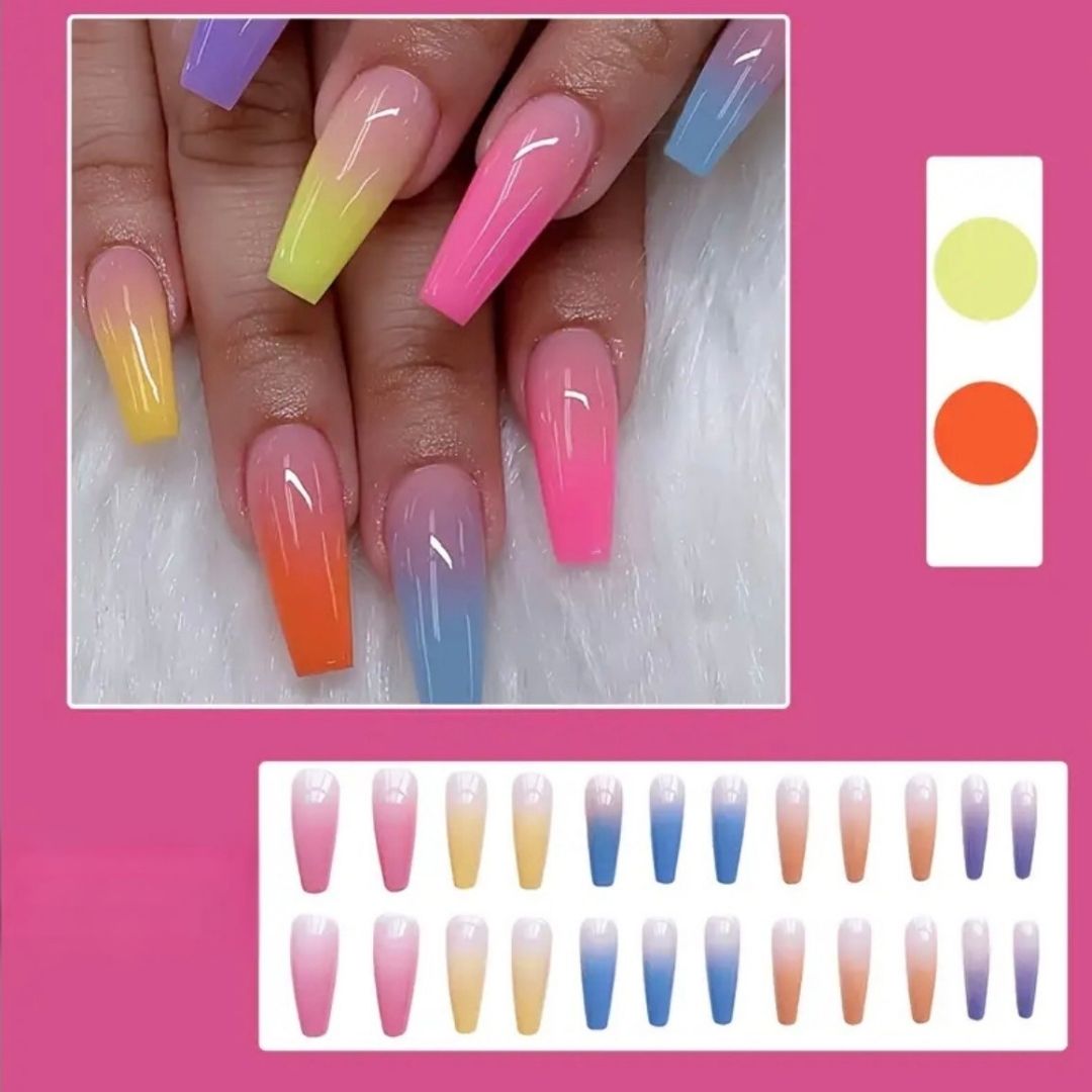 Colorful Rainbow Coffin Press-On Nails | Gradient Style 24 Piece Nail Set