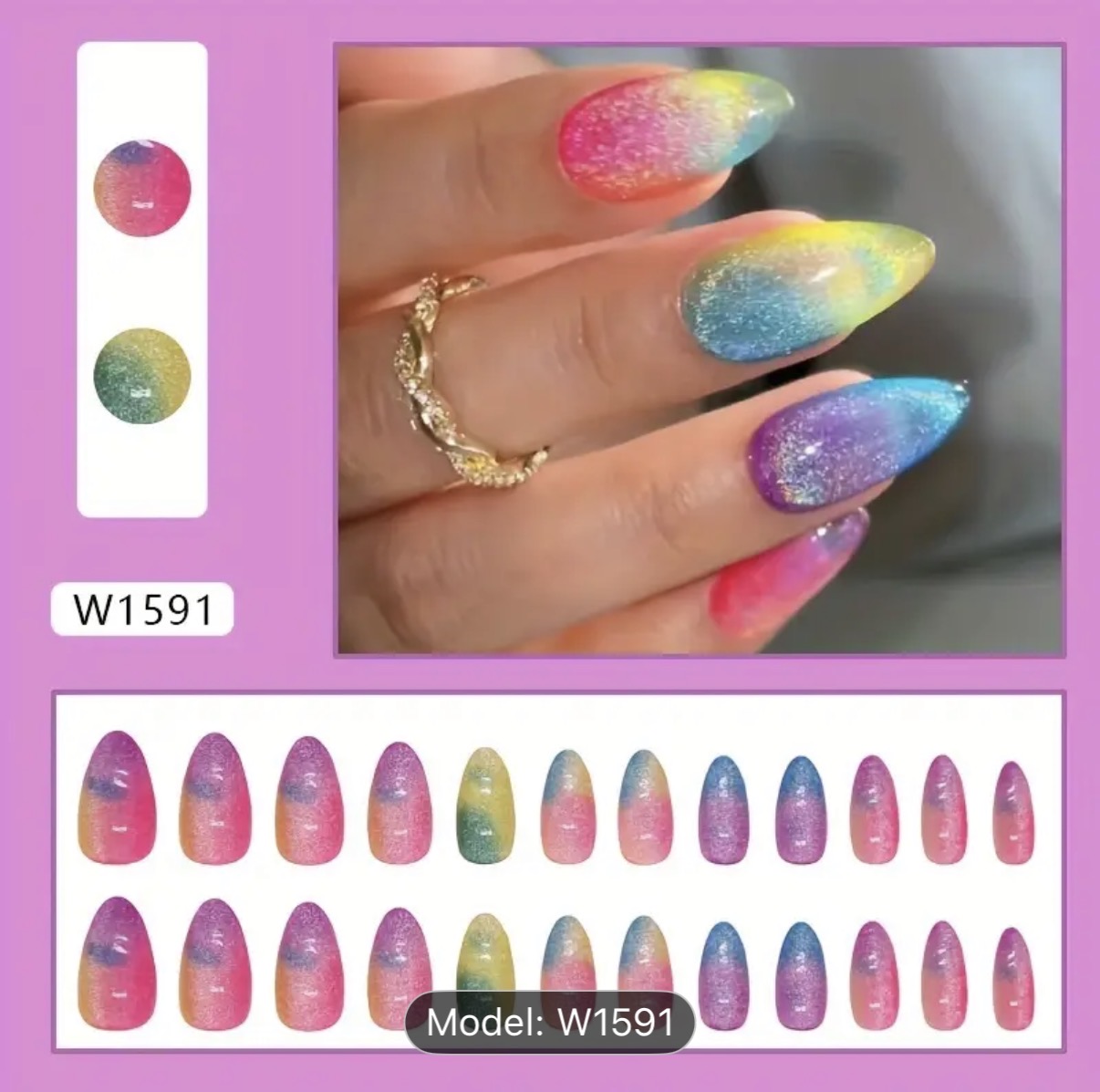 Gradient Glitter Press-On Nails | Rainbow Color 24 Piece Short Oval Nail Set