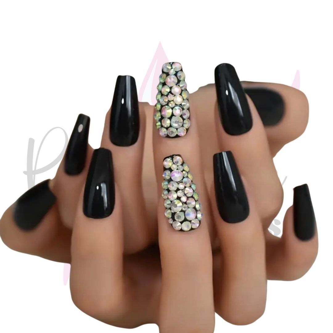 Glossy Black Rhinestone False Nails