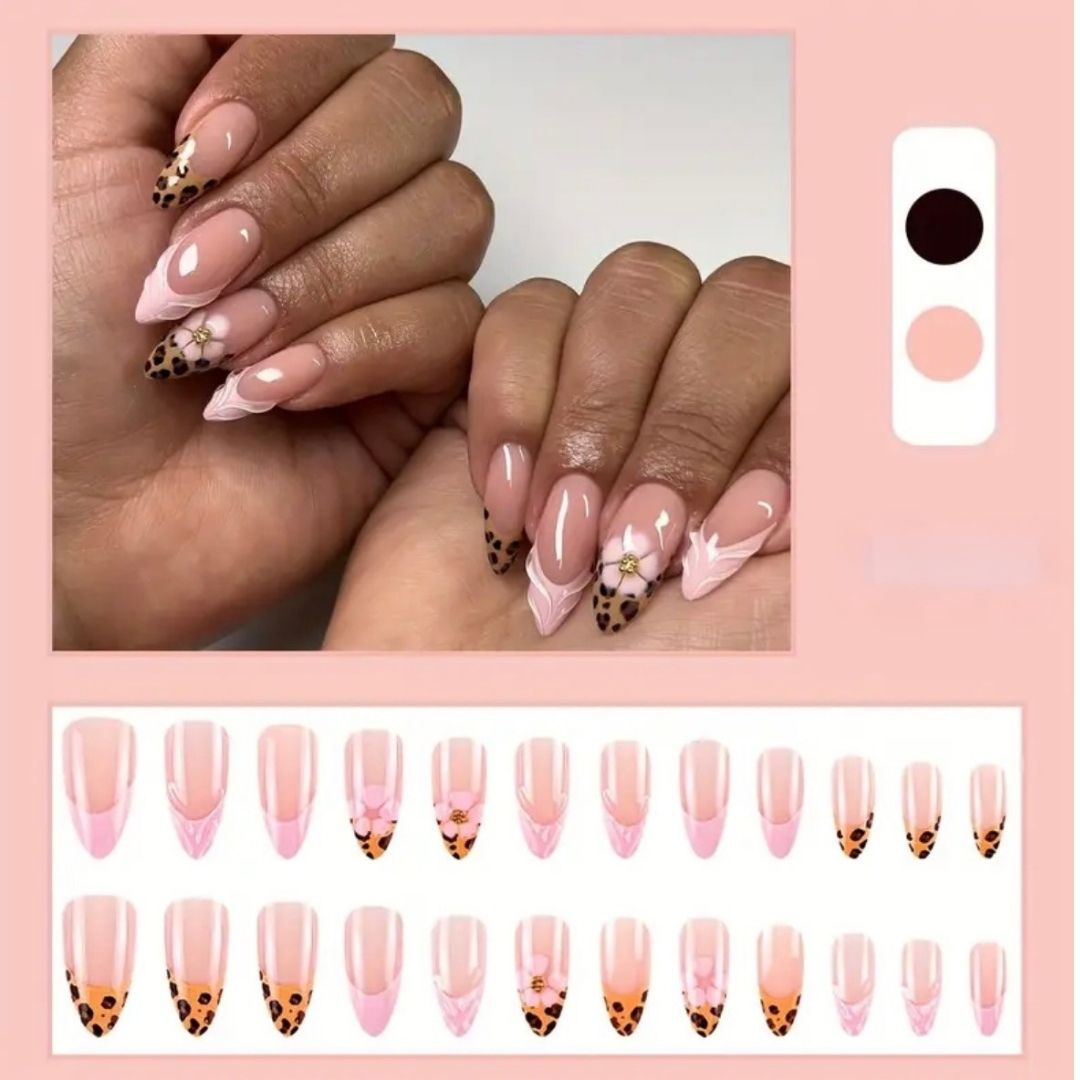 Pink Flower & Leopard Print Press-On Nails | Short Stiletto Style 24 Piece Nail Set