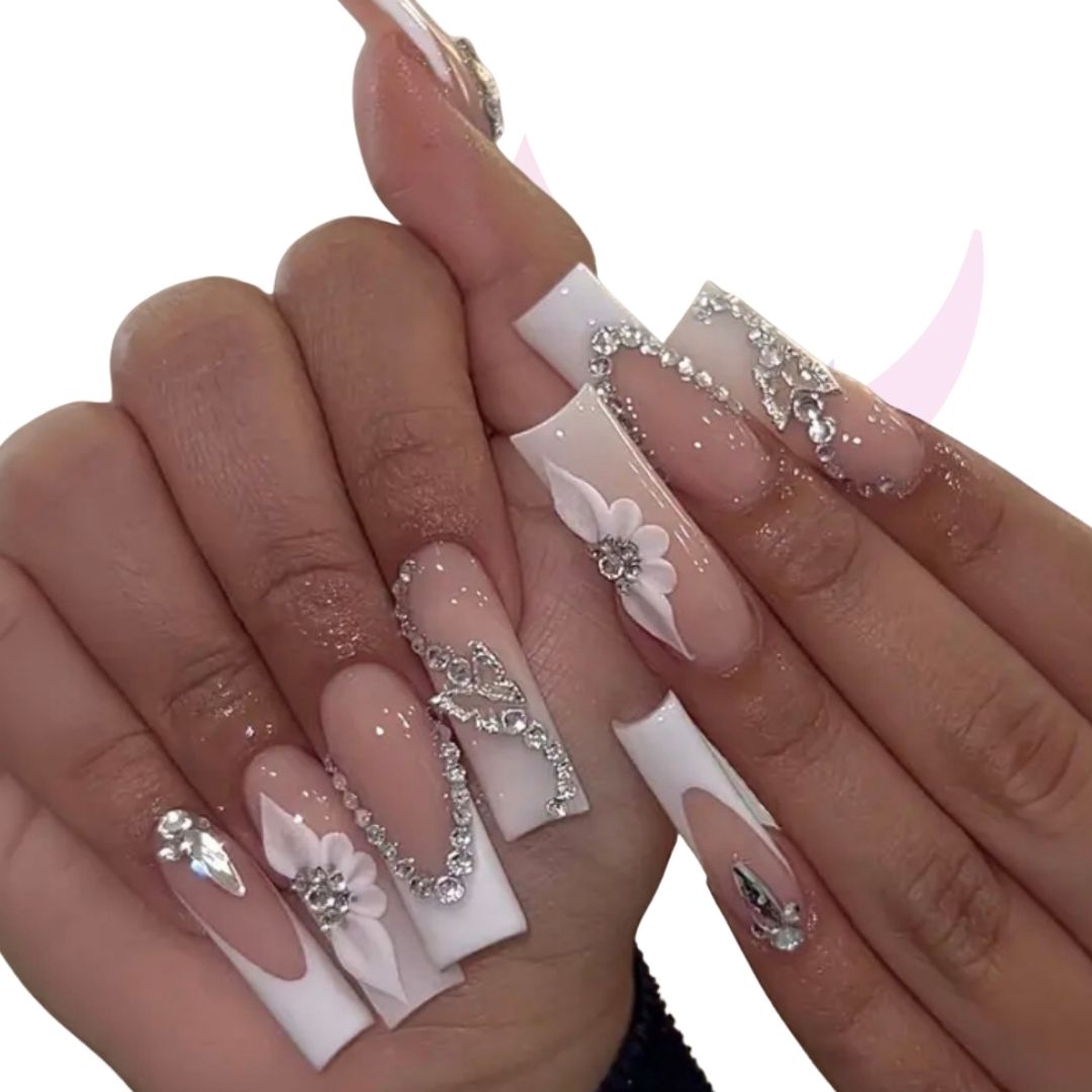 Stylish Long Coffin Press-On Nails | Floral and Bling 24 Piece Manicure Set