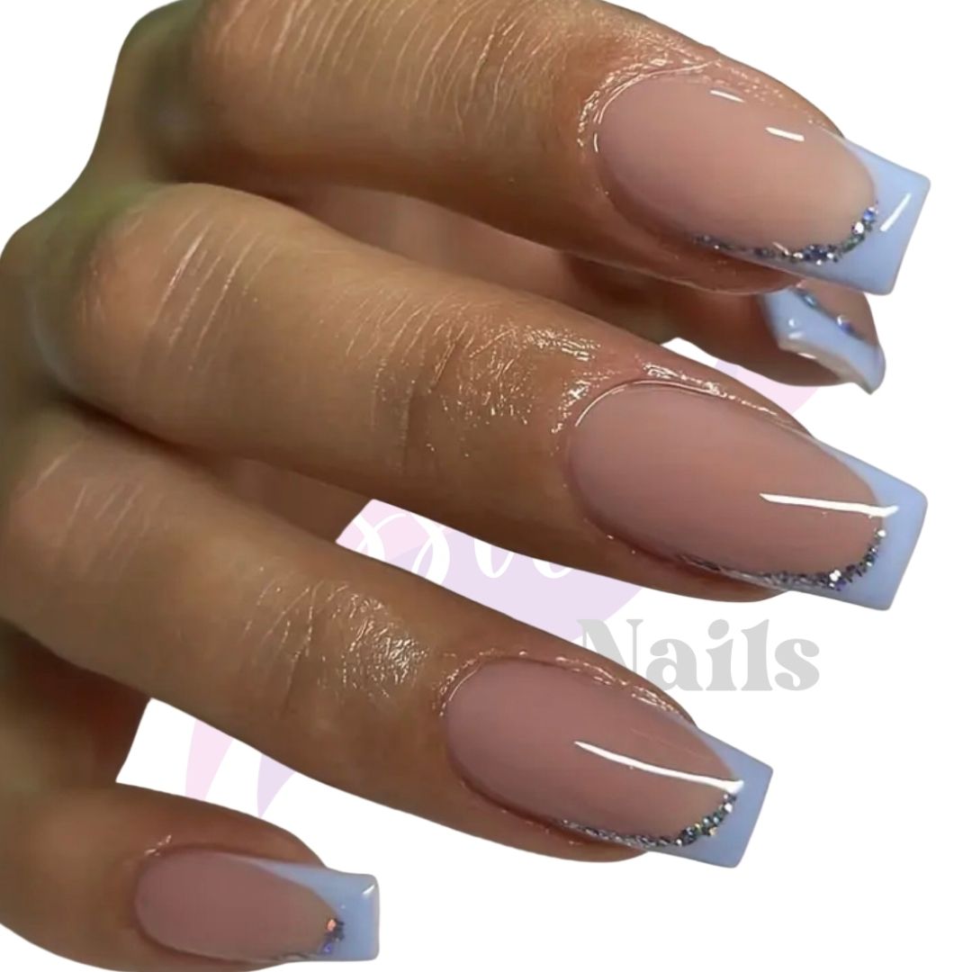 Elegant Baby Blue French Tip Press-On Nails | Coffin Shaped 24 Piece Manicure Set