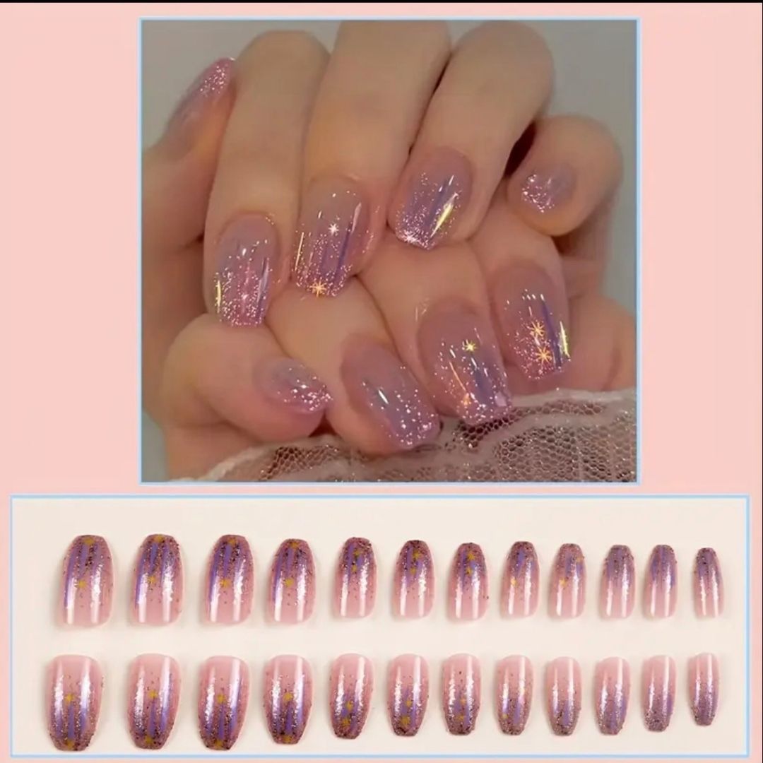 Glitter Pink Gel Press-On Nails | Short Oval 24 Piece Nail Set