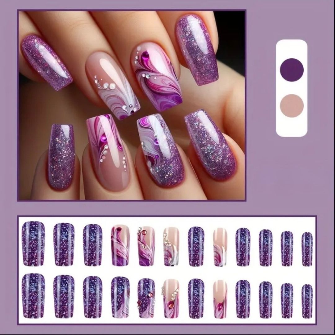 Purple Glitter and Swirl Press-On Nails | Medium Squoval 24 Piece DIY Nail Set