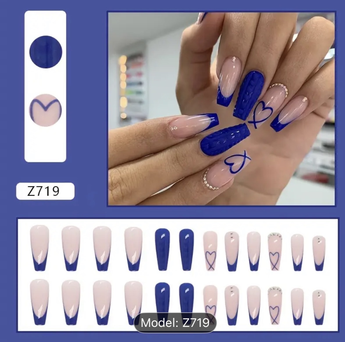 Blue Heart Short Coffin Press-On Nails | Easy DIY 24 Piece Nail Set