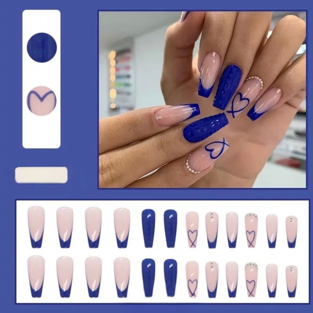 Blue Heart Medium Coffin Press-On Nails | 24 Piece DIY Nail Set