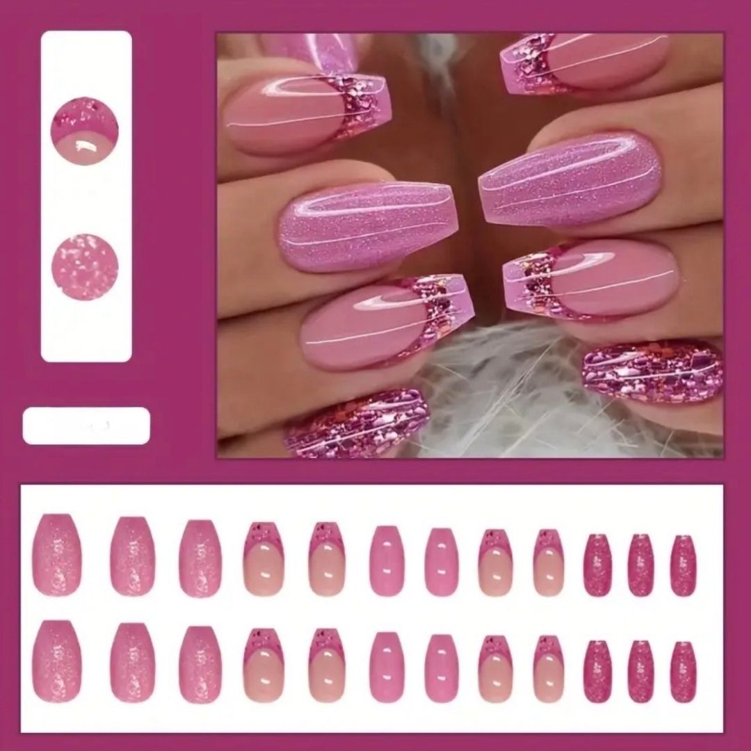 Pink Glitter Press-On Nails | 24 Piece DIY Nail Set