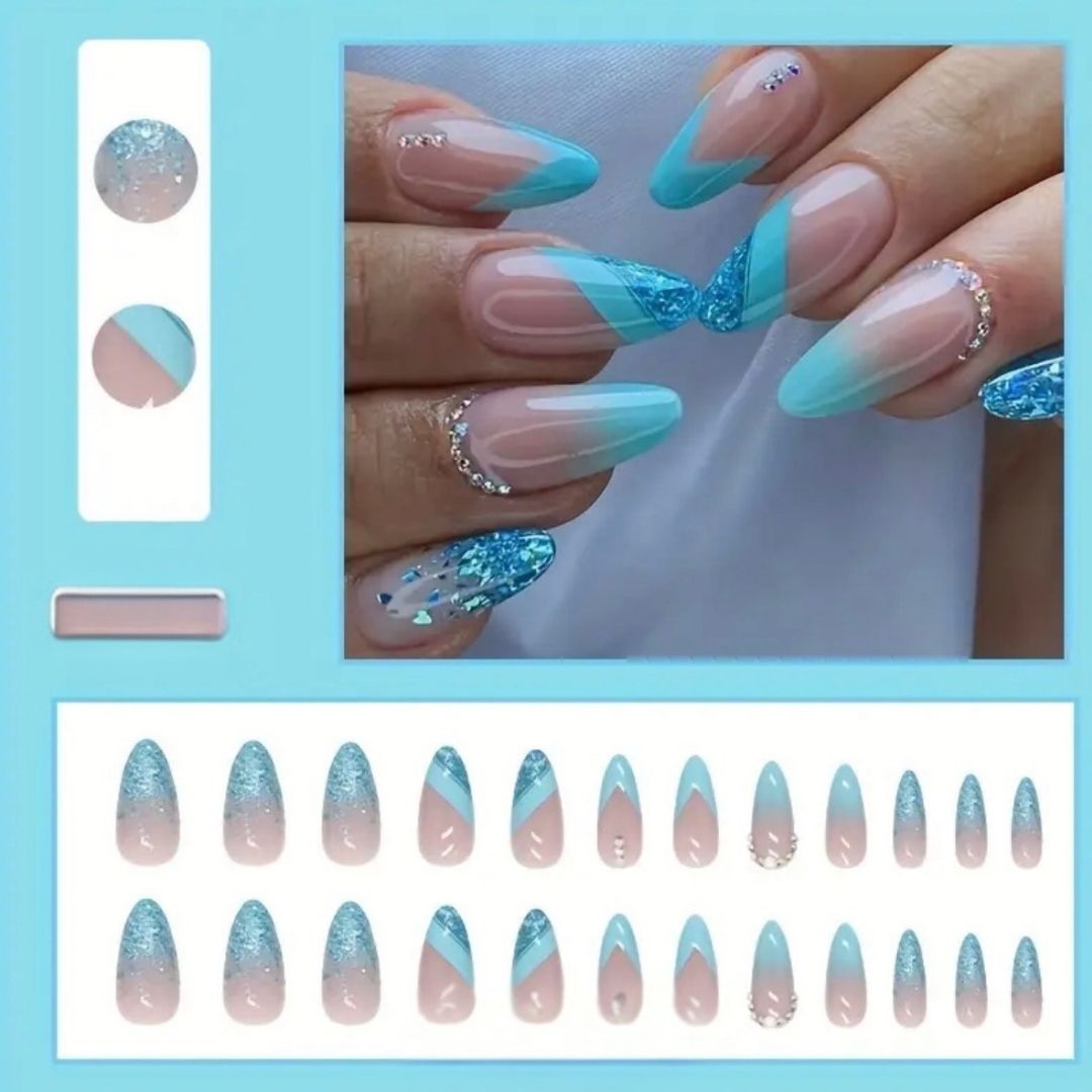 Turquoise Blue Gradient Medium Oval Press-On Nails | Glitter Accents on 24 Piece Nail Set