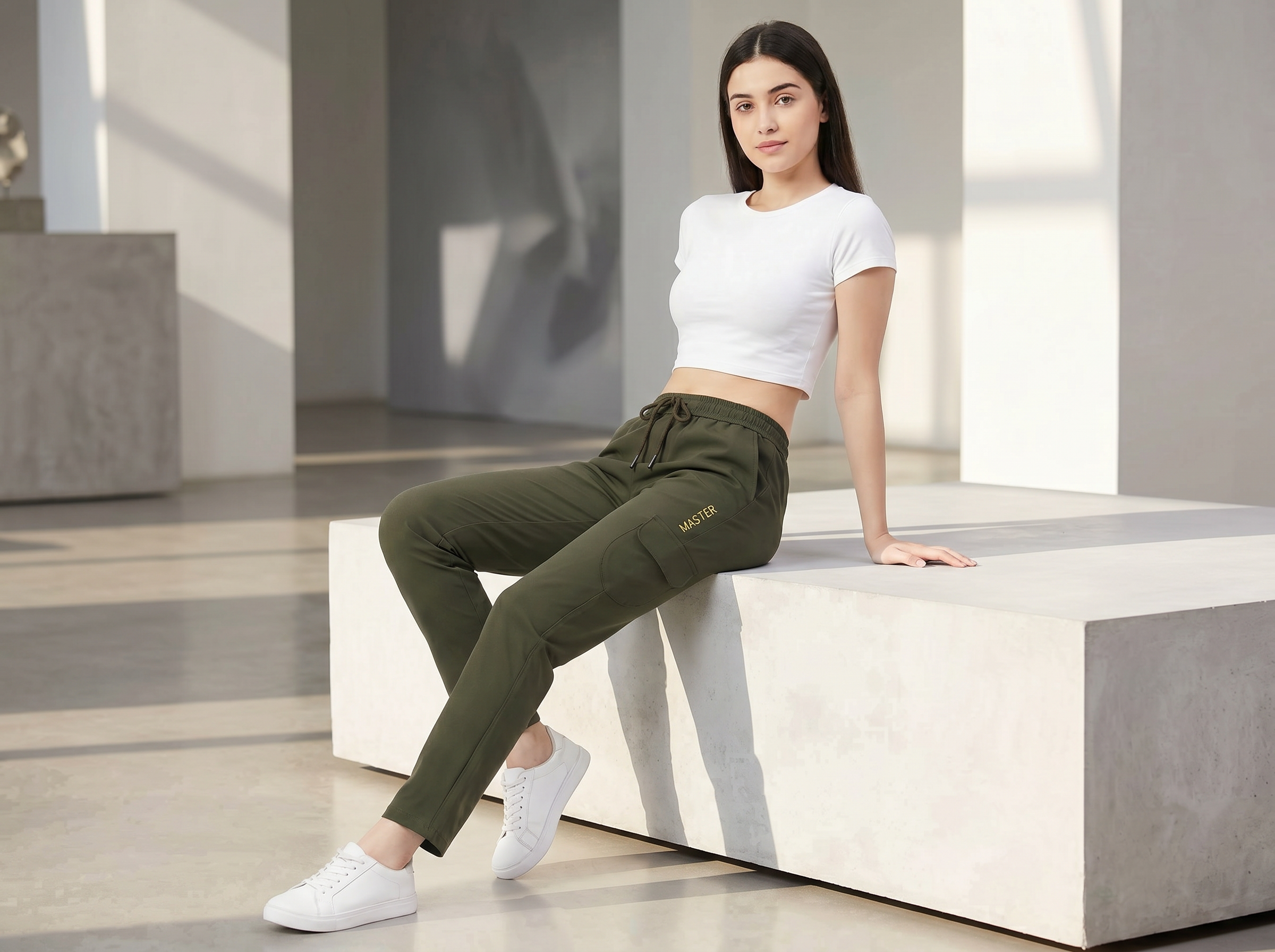 MASTER Women's Olive Slim Trouser | Gold Embroidery | Cargo Pocket | Drawstring Waist