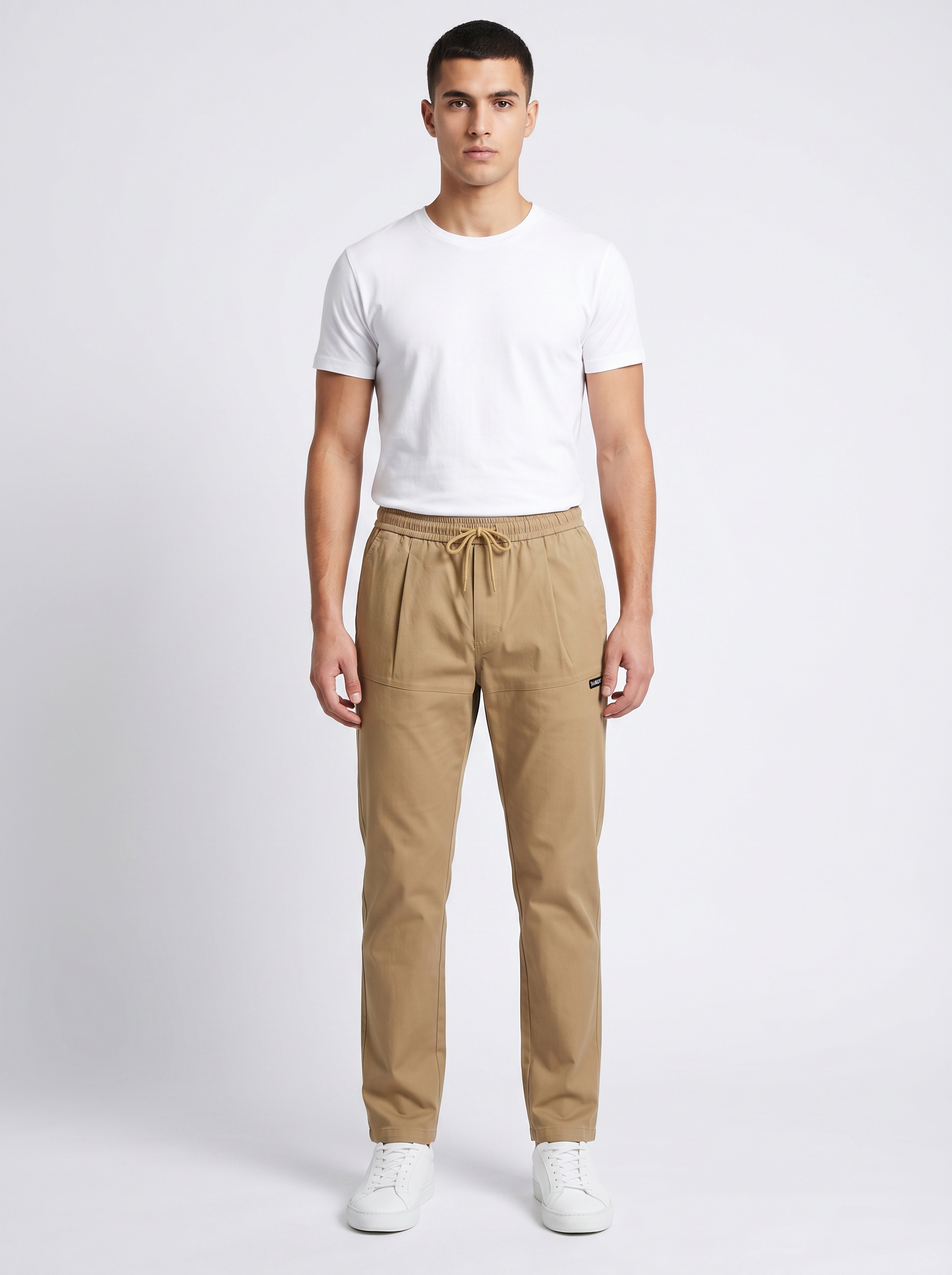 MMASTER Men's Camel Slim Fit Pleated Trouser with Drawstring Waist