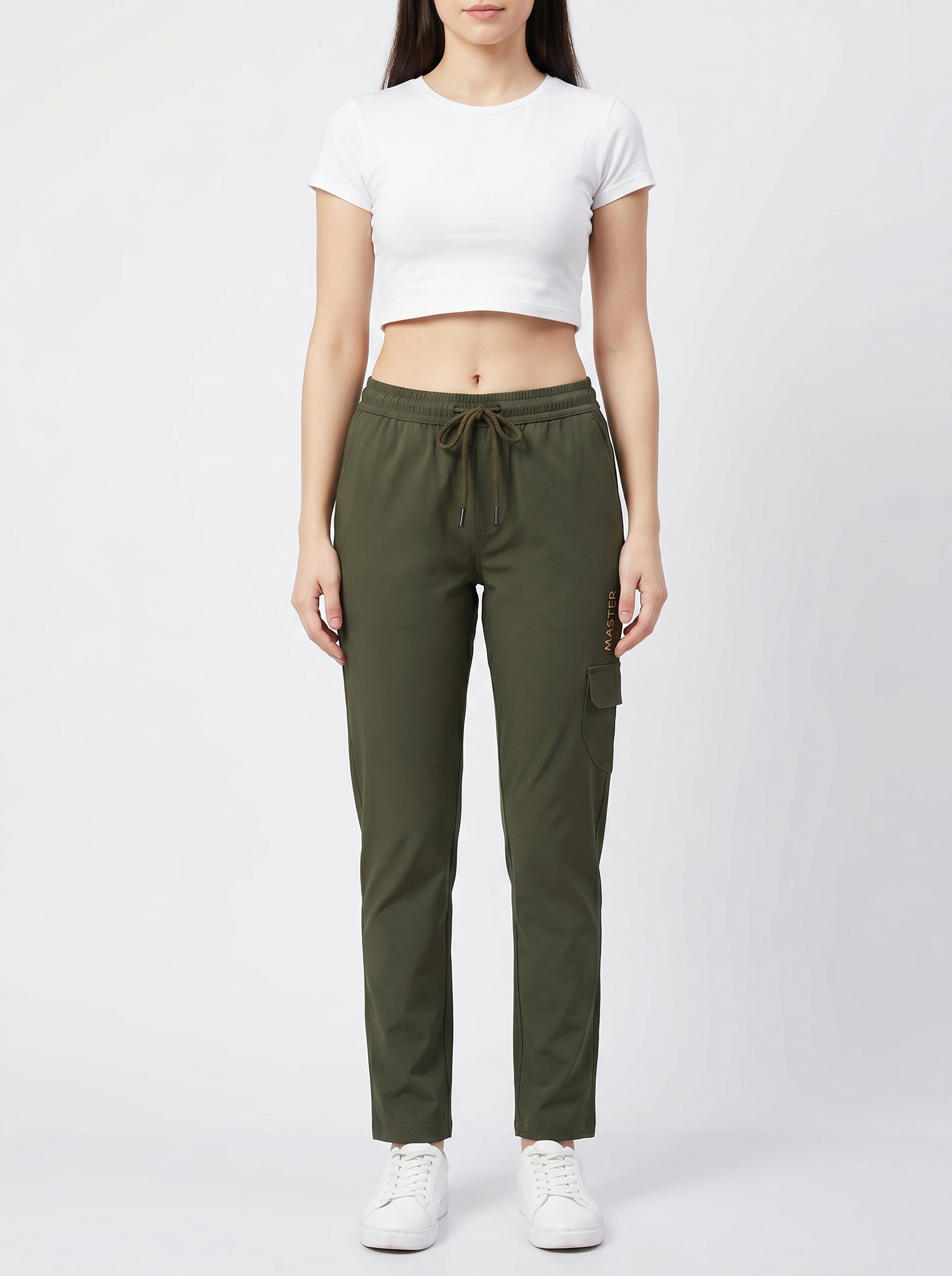 MASTER Women's Olive Slim Trouser | Gold Embroidery | Cargo Pocket | Drawstring Waist