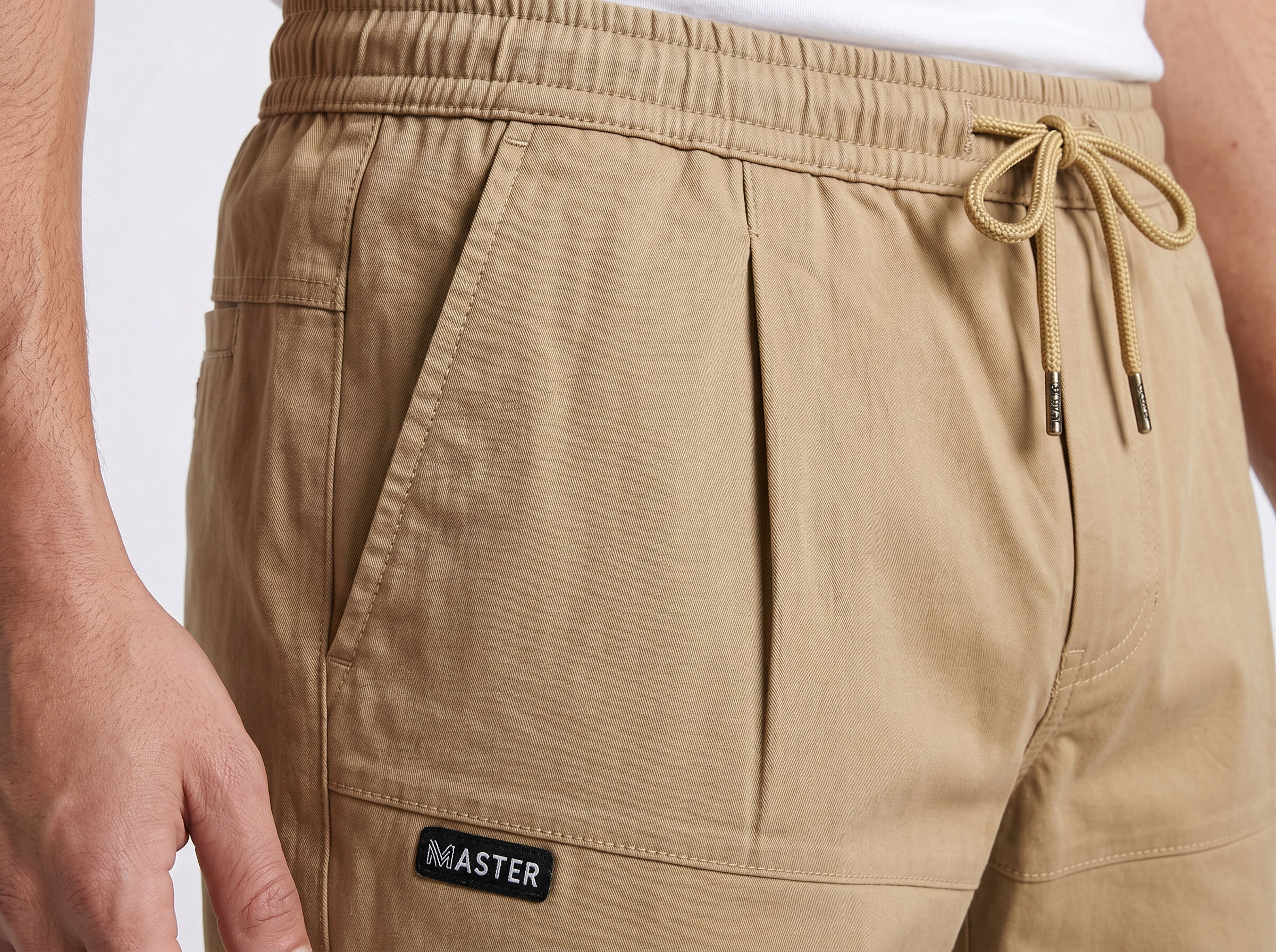 MMASTER Men's Camel Slim Fit Pleated Trouser with Drawstring Waist