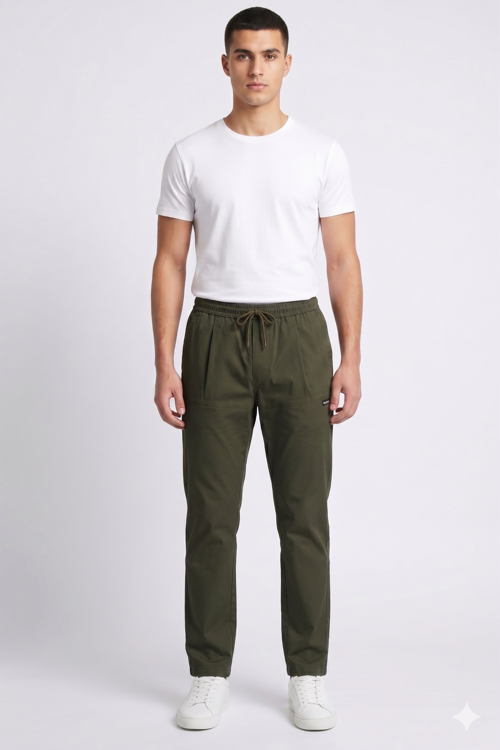 MMASTER Men's Camel Slim Fit Pleated Trouser with Drawstring Waist