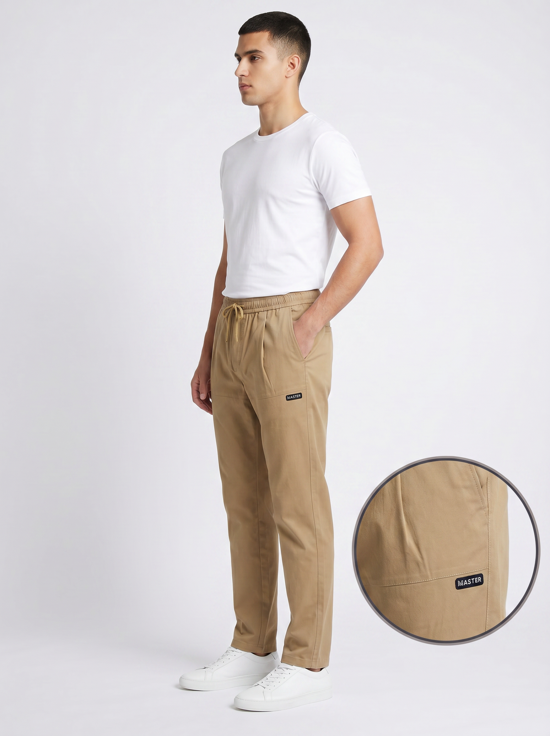 MMASTER Men's Camel Slim Fit Pleated Trouser with Drawstring Waist