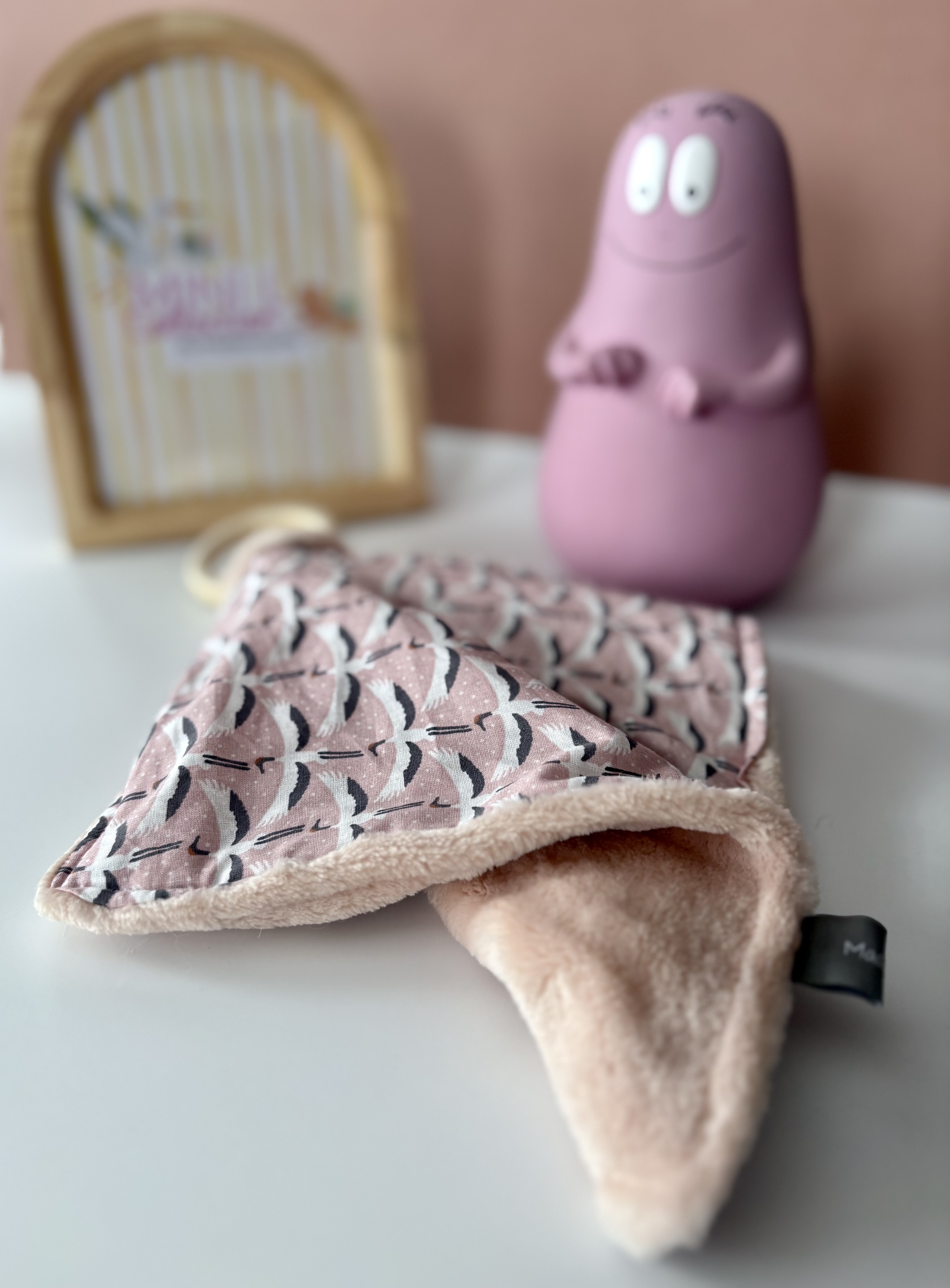 Doudou carré dentition- BLANC/ROSE+OISEAUX