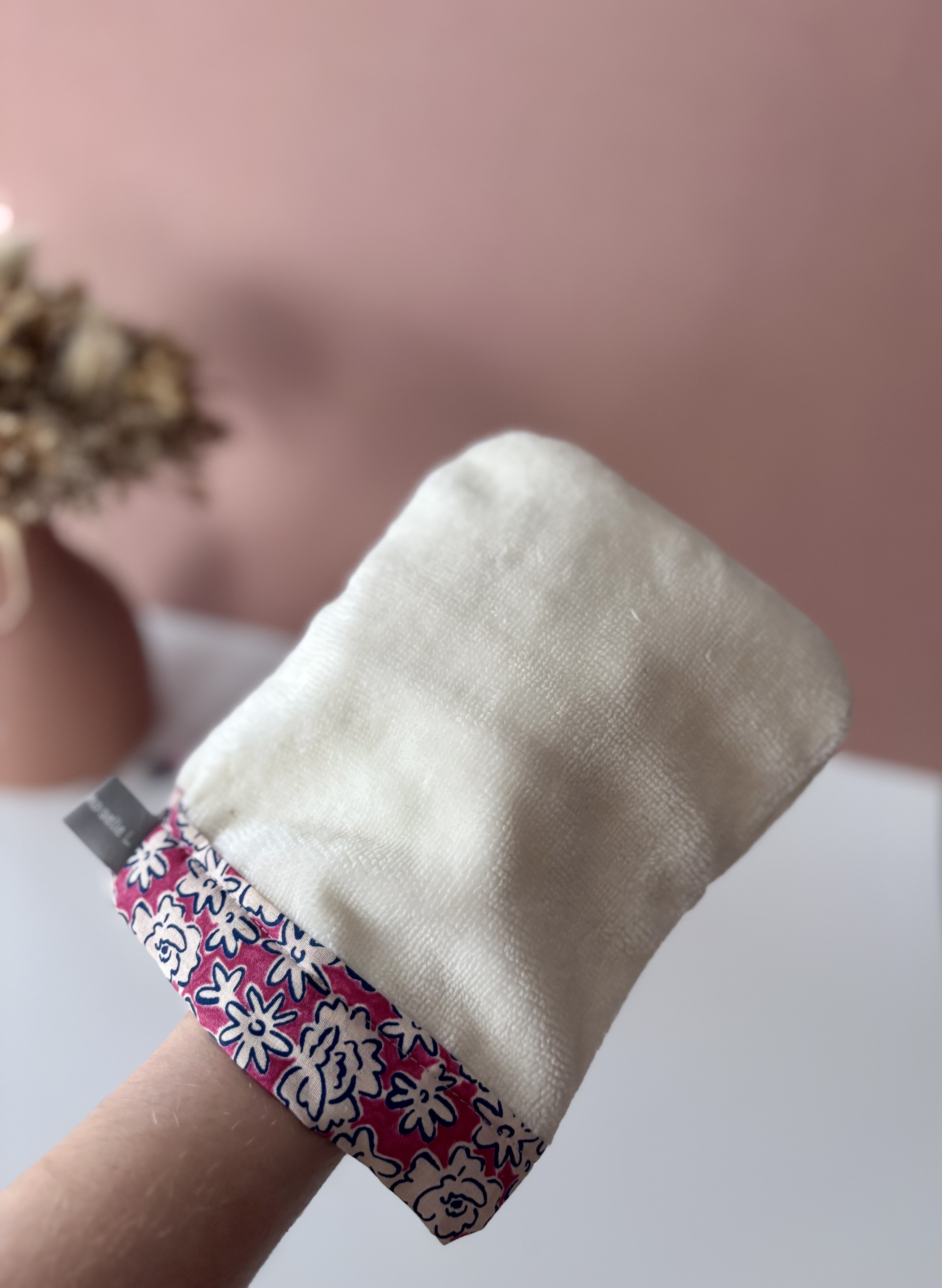 Gant visage et corps- ROSE + FLEURS BLANCHES