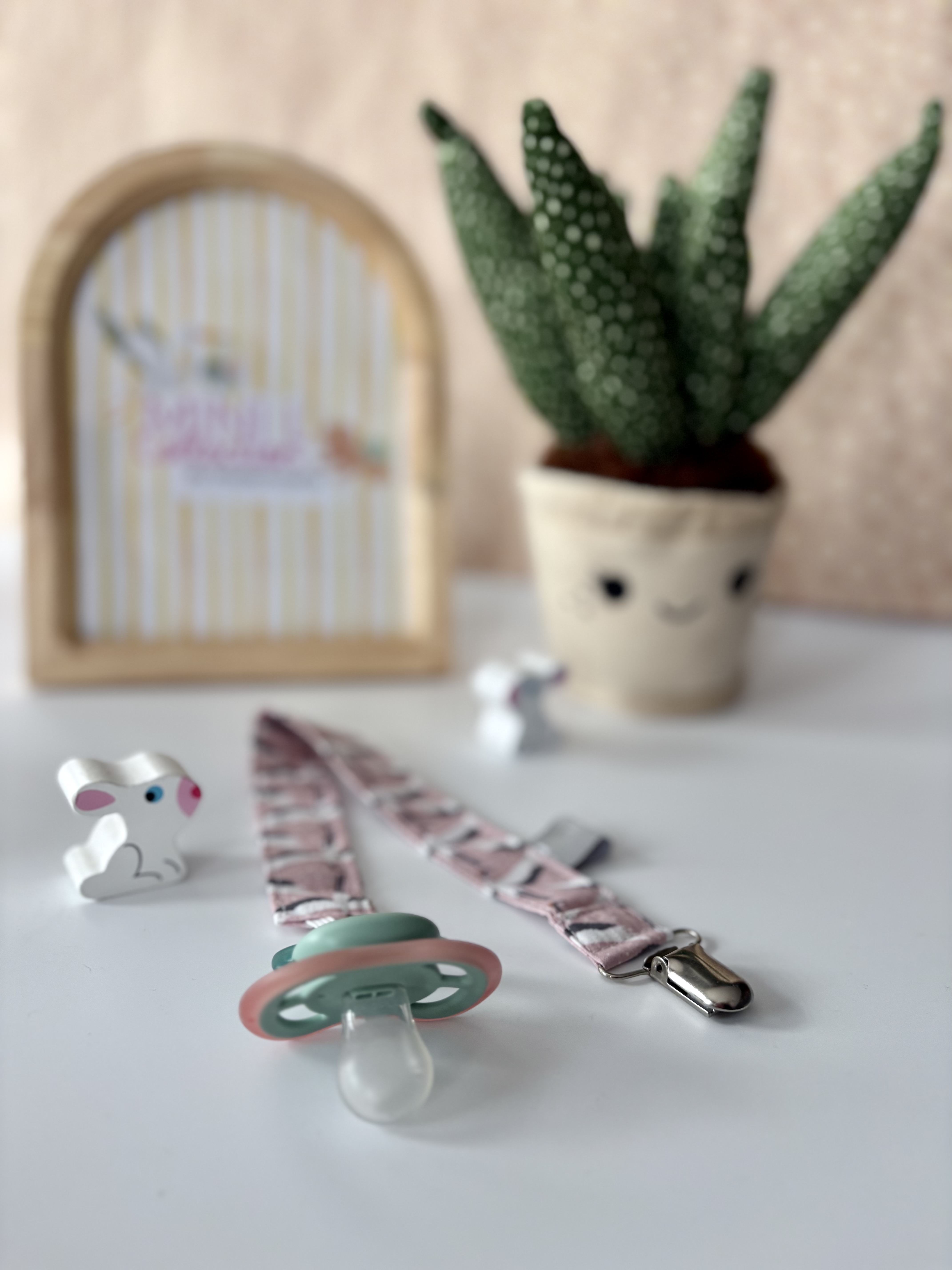 Attache tétine- OISEAU BLANC-ROSE